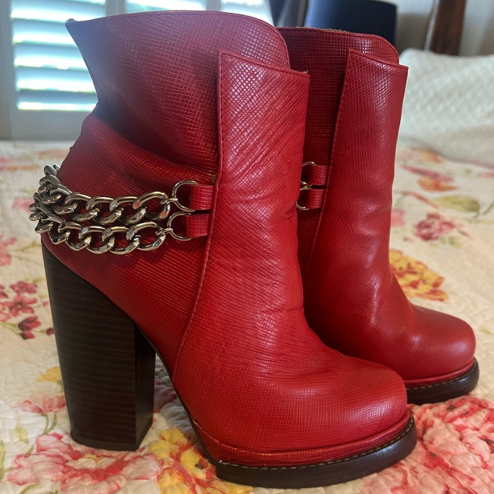 Jeffery Campbell Leather Red Chain-Accent Platform Ankle Boots